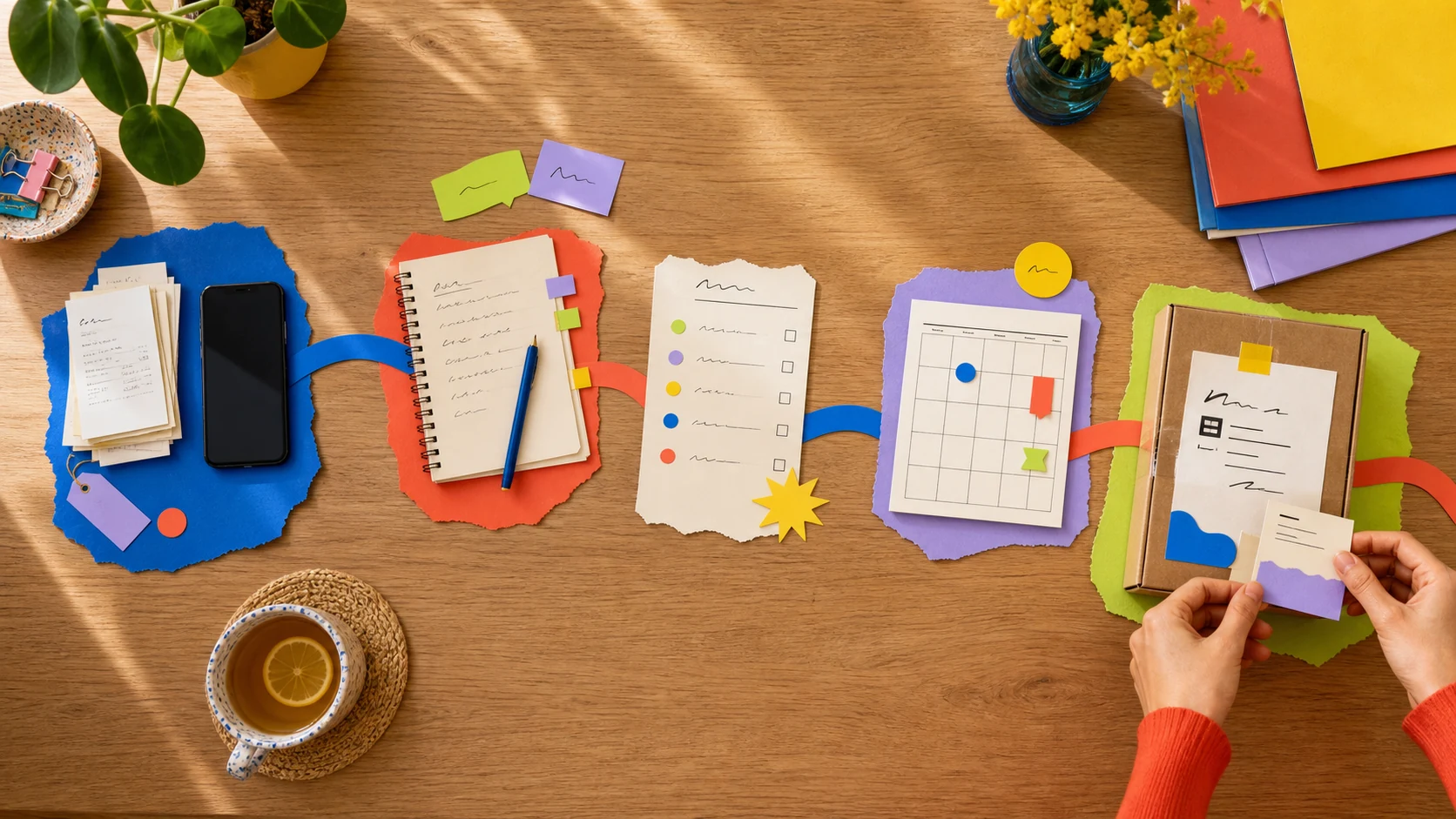 A colourful tabletop where messages, notes, a calendar and documents form one working rhythm
