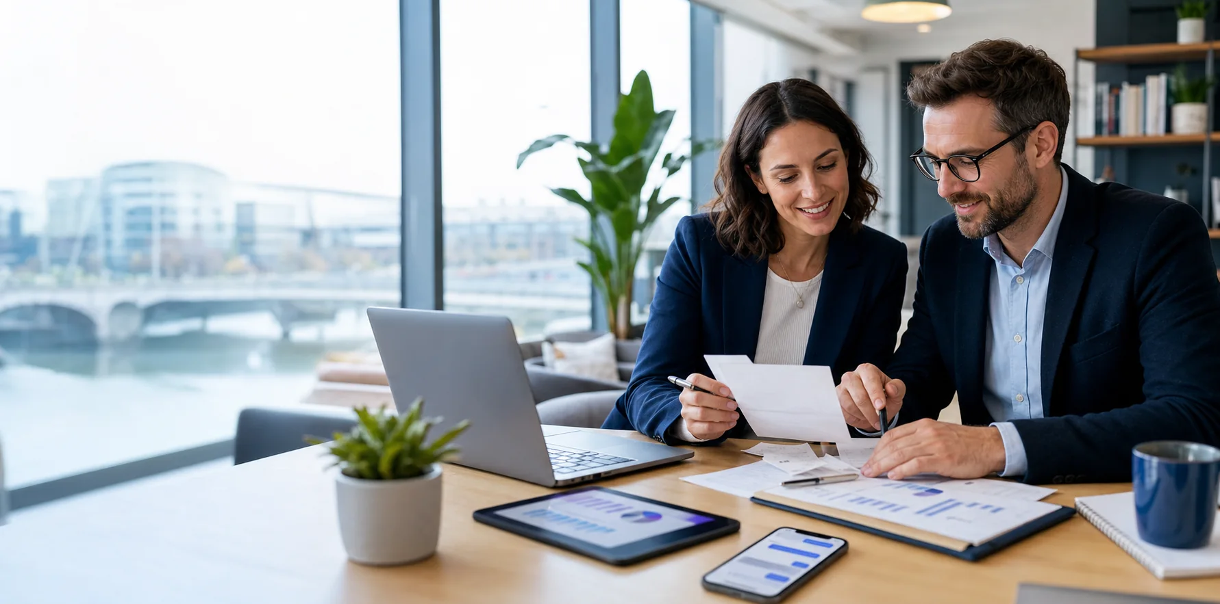 Business owners reviewing documents and simple reports with Lyra